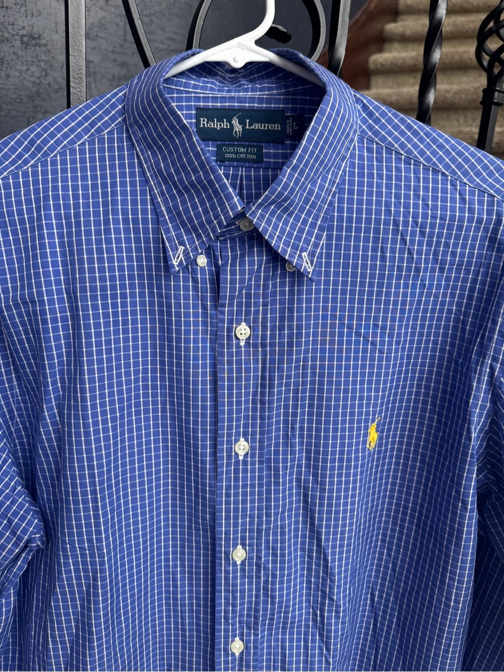 Large Ralph Lauren Blue Windowpane Button-Down Shirt with Yellow Polo Logo